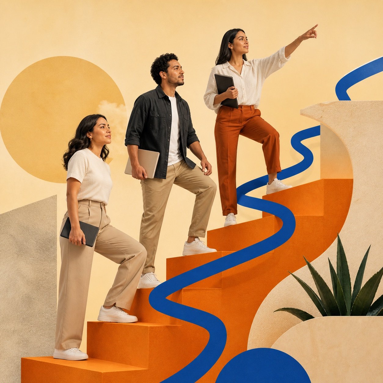Equipo comercial de seguros avanzando de forma coordinada