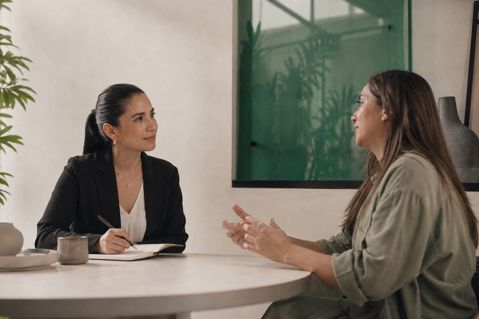 Asesora de seguros conversando atentamente con una clienta