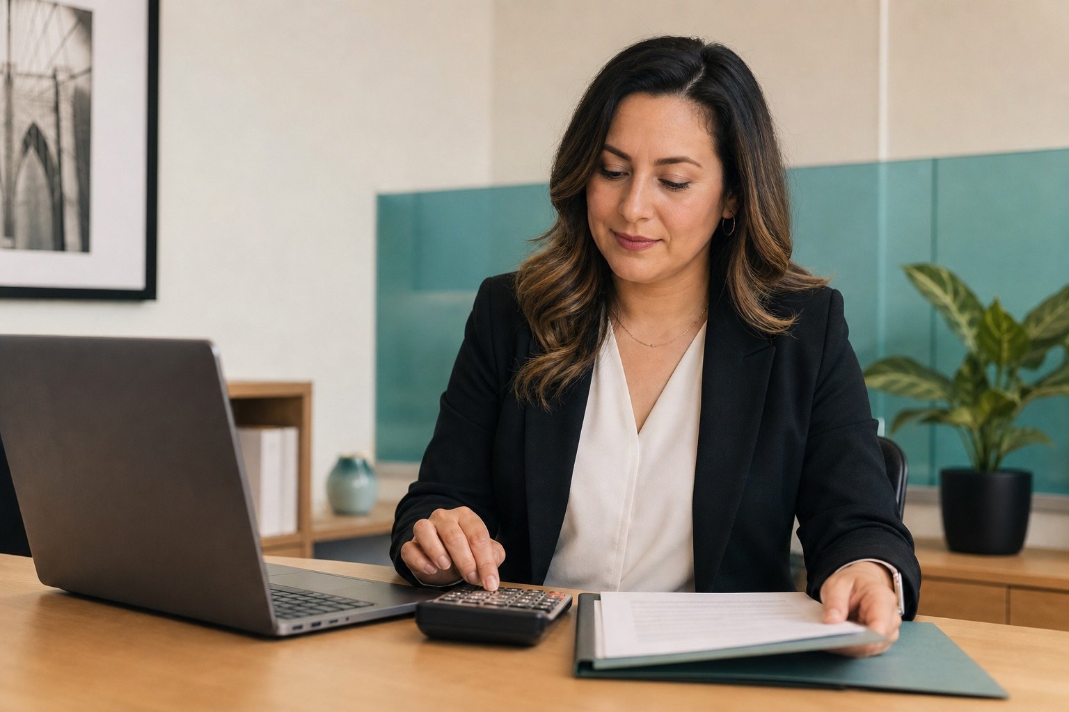 Asesora de seguros revisando información de pagos de una póliza
