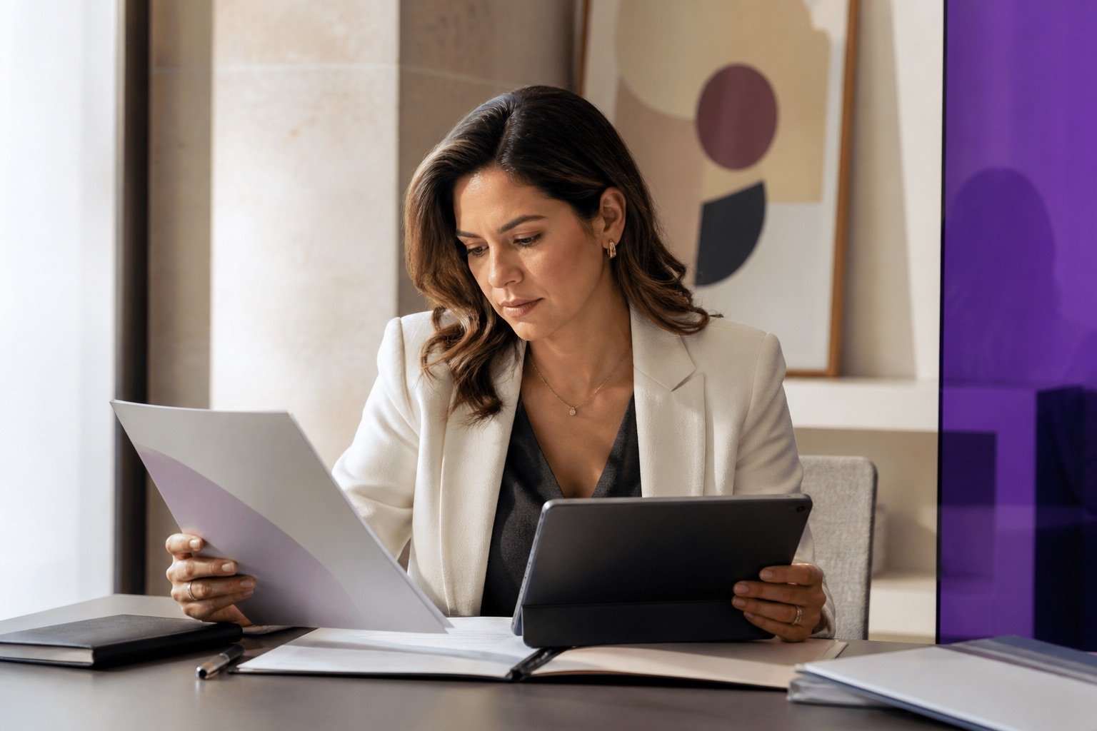 Asesora comparando una póliza con información en una tableta