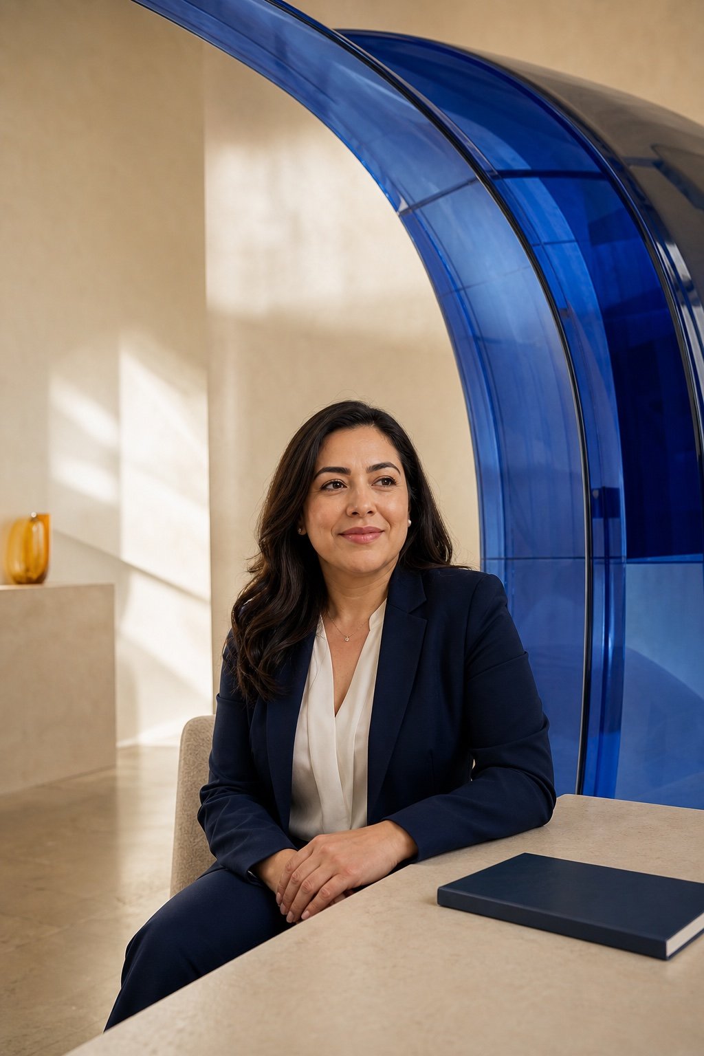 Asesora de seguros en un entorno de cristal azul y luz cálida, representando la conexión entre innovación y relaciones humanas