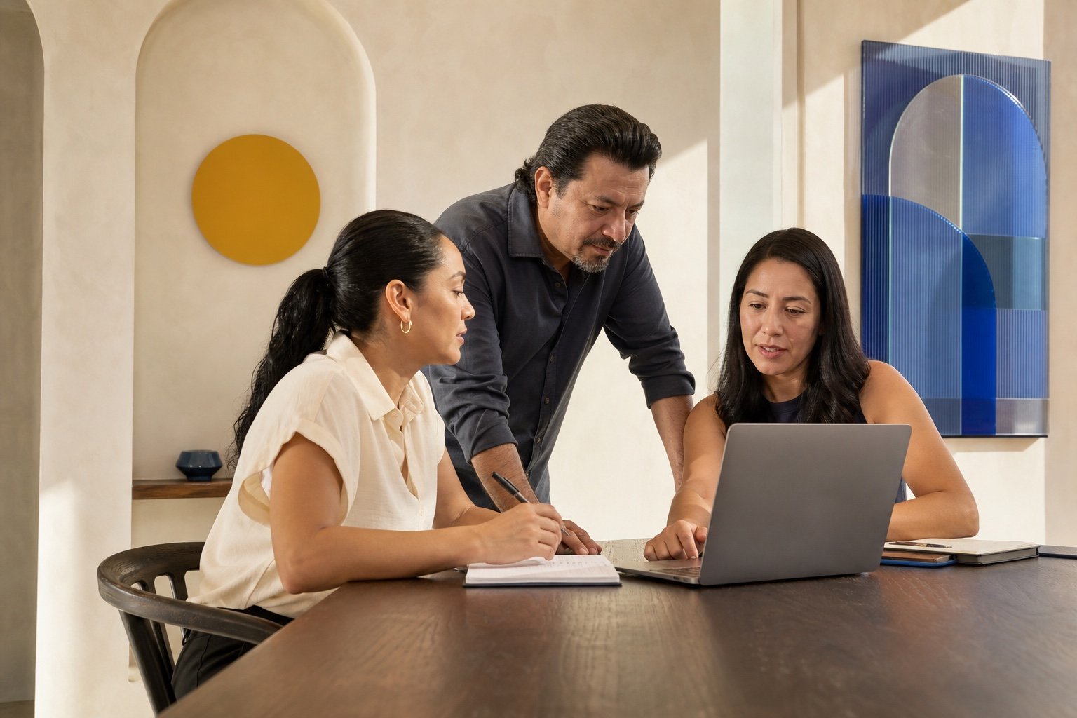 Equipo comercial de seguros colaborando alrededor de una laptop