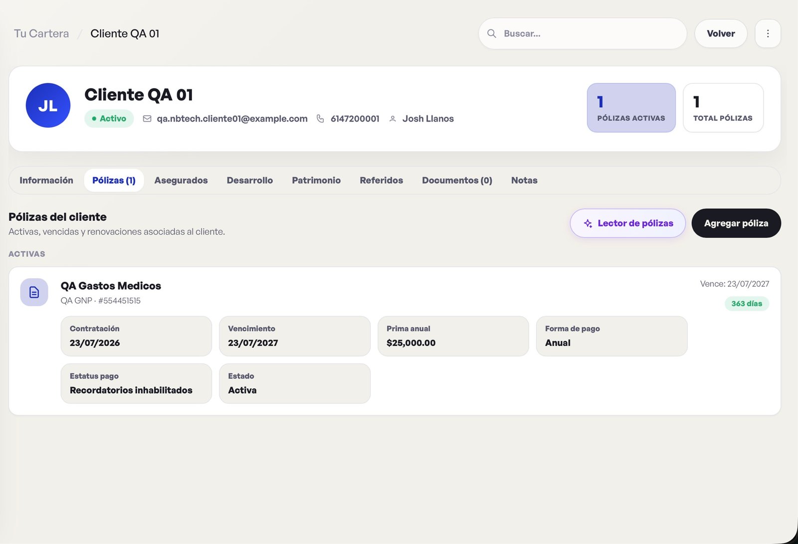 Pólizas activas, vigencias y forma de pago en Personaut